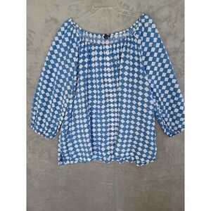 Talbots Linen Top 3X Off Shoulder Blue White Print 3/4‎ Sleeve Vacation Casual